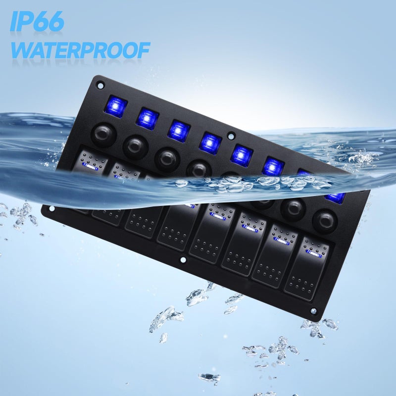 Geloo 8 Gang Marine Switch Panel, Boat Rocker Switch Panel Waterproof, 12V Aluminum Switch Panel, Marine Toggle Switches ON/Off with Circuit Breaker 5A 10A 15A for Car RV Truck (Blue) - Image 3